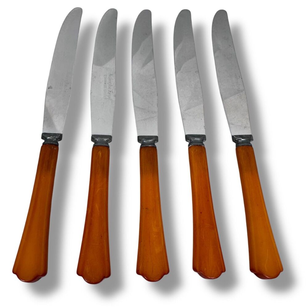 Washington Forge Dinner Knives Lot 5 Stainless‎ and Butterscotch Bakelite Handle